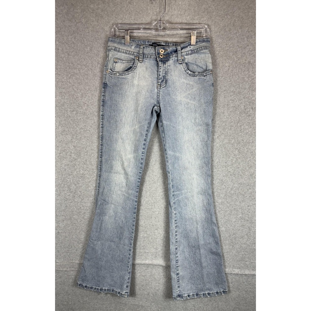 One Tuff Babe Jeans Womens 9/10 Blue‎ Stretch Flare Denim Light Wash Distressed